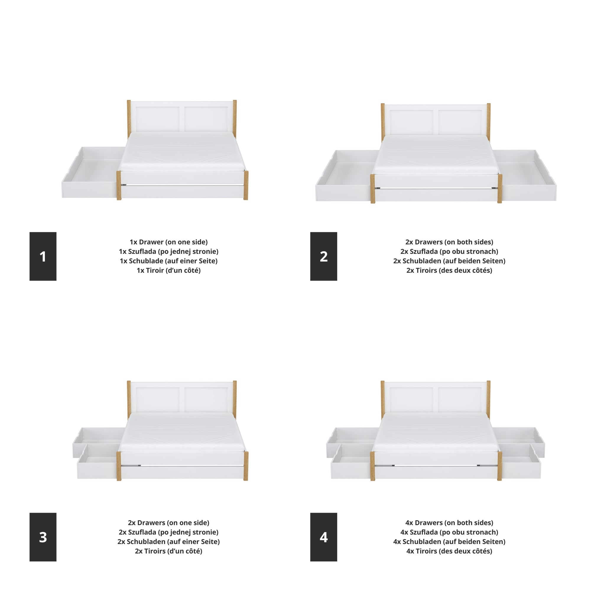 Double bed white with oak and drawer in bedroom – Scandinavian arrangement