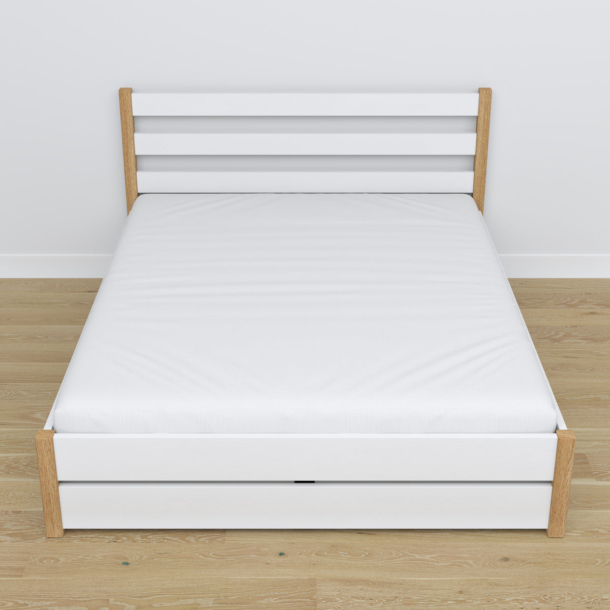 Double bed with wooden drawer white with oak – angled view, scandi bedroom