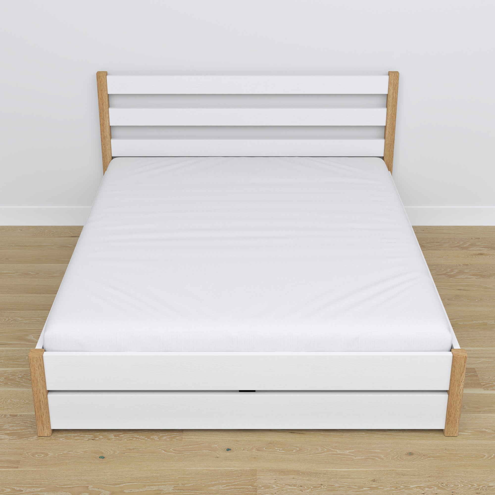 Double bed with wooden drawer white with oak – angled view, scandi bedroom