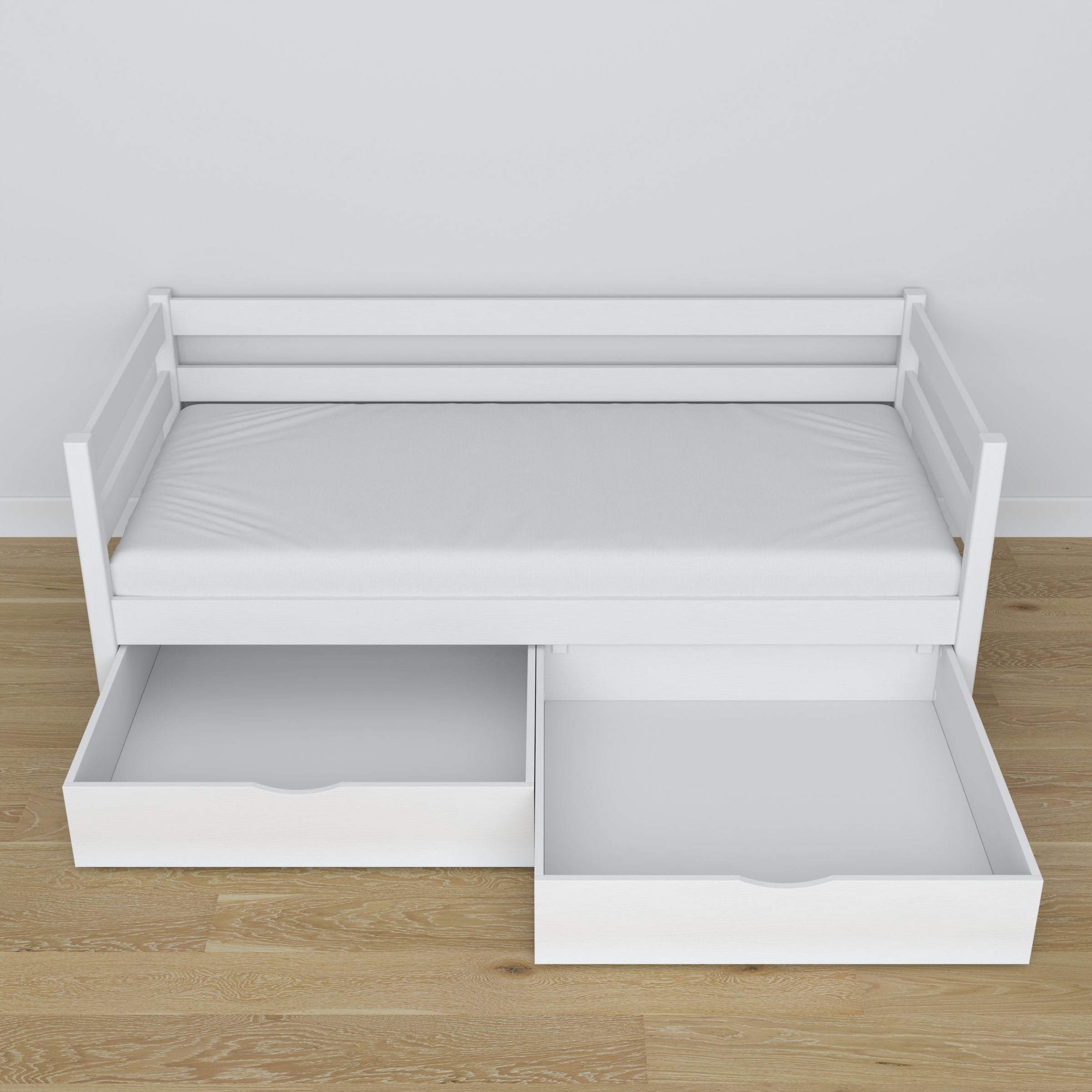 Sofa bed wooden white – angled view, scandi