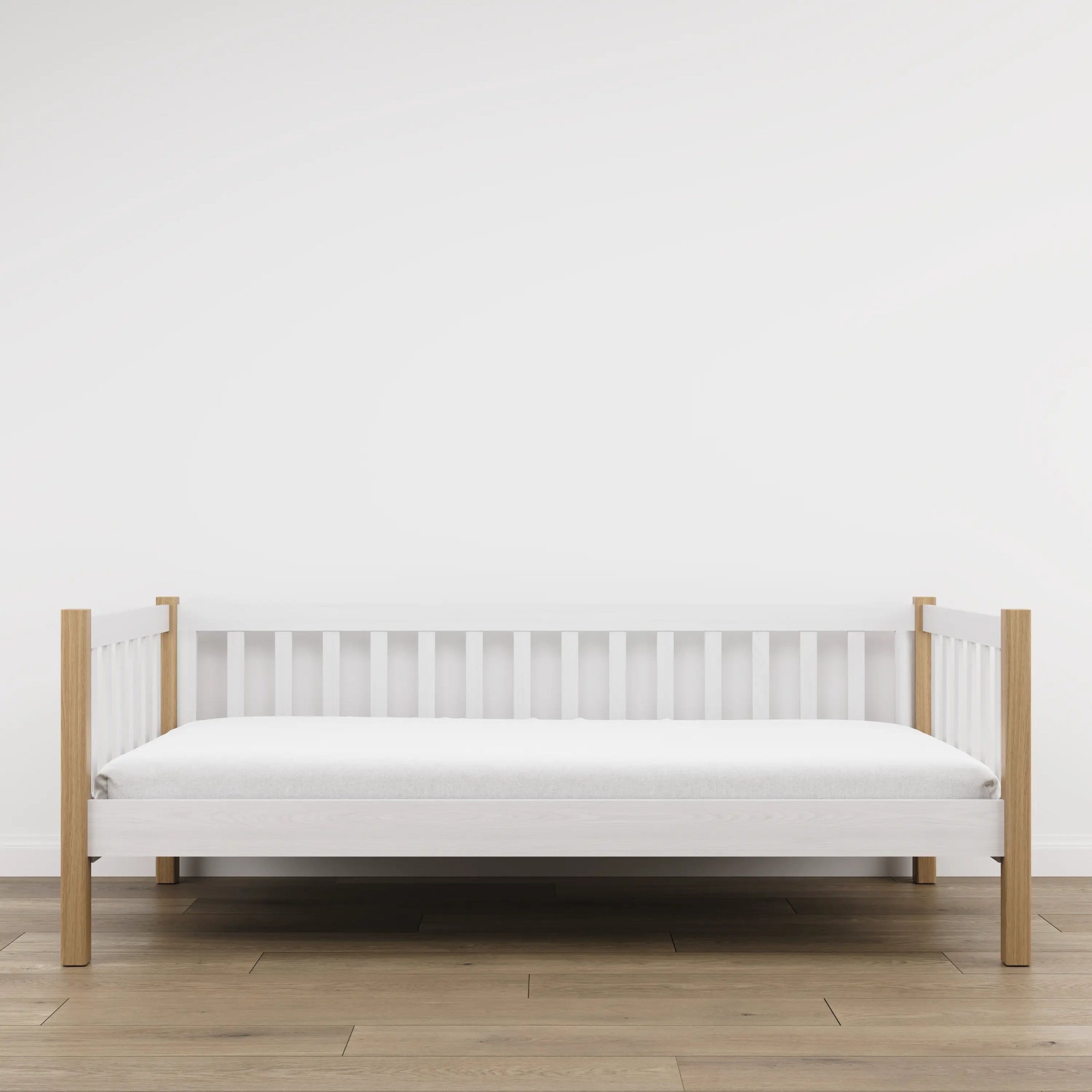 Sofa bed wooden white with oak – side view, shape and proportions of the furniture