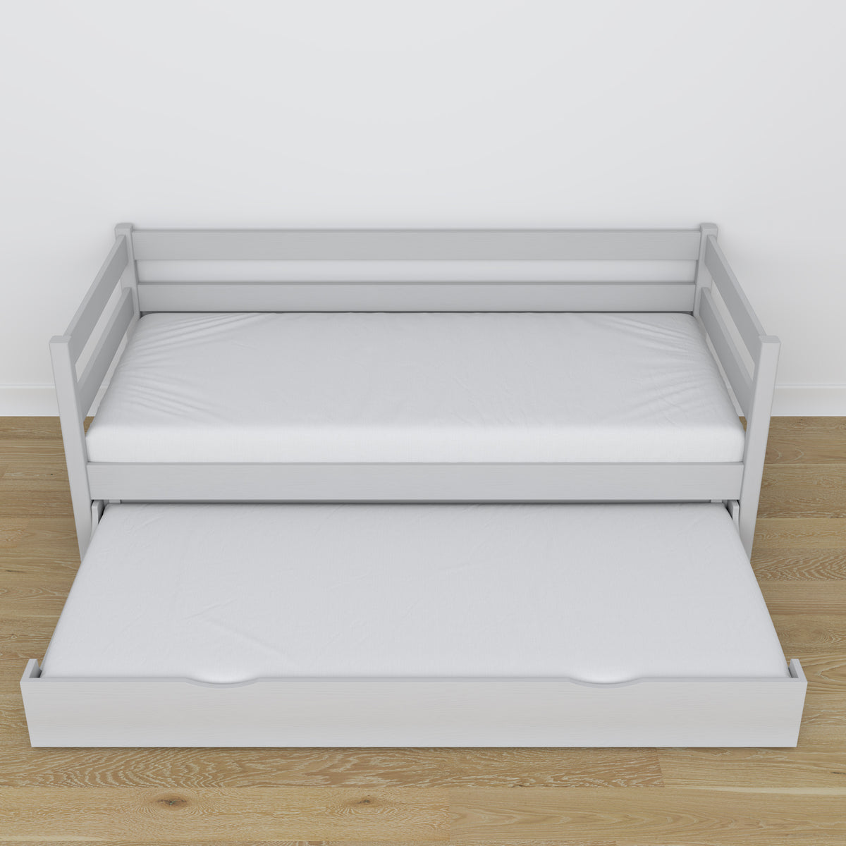Grey sofa bed with mattress drawer made of wood – dimensions, Nizio