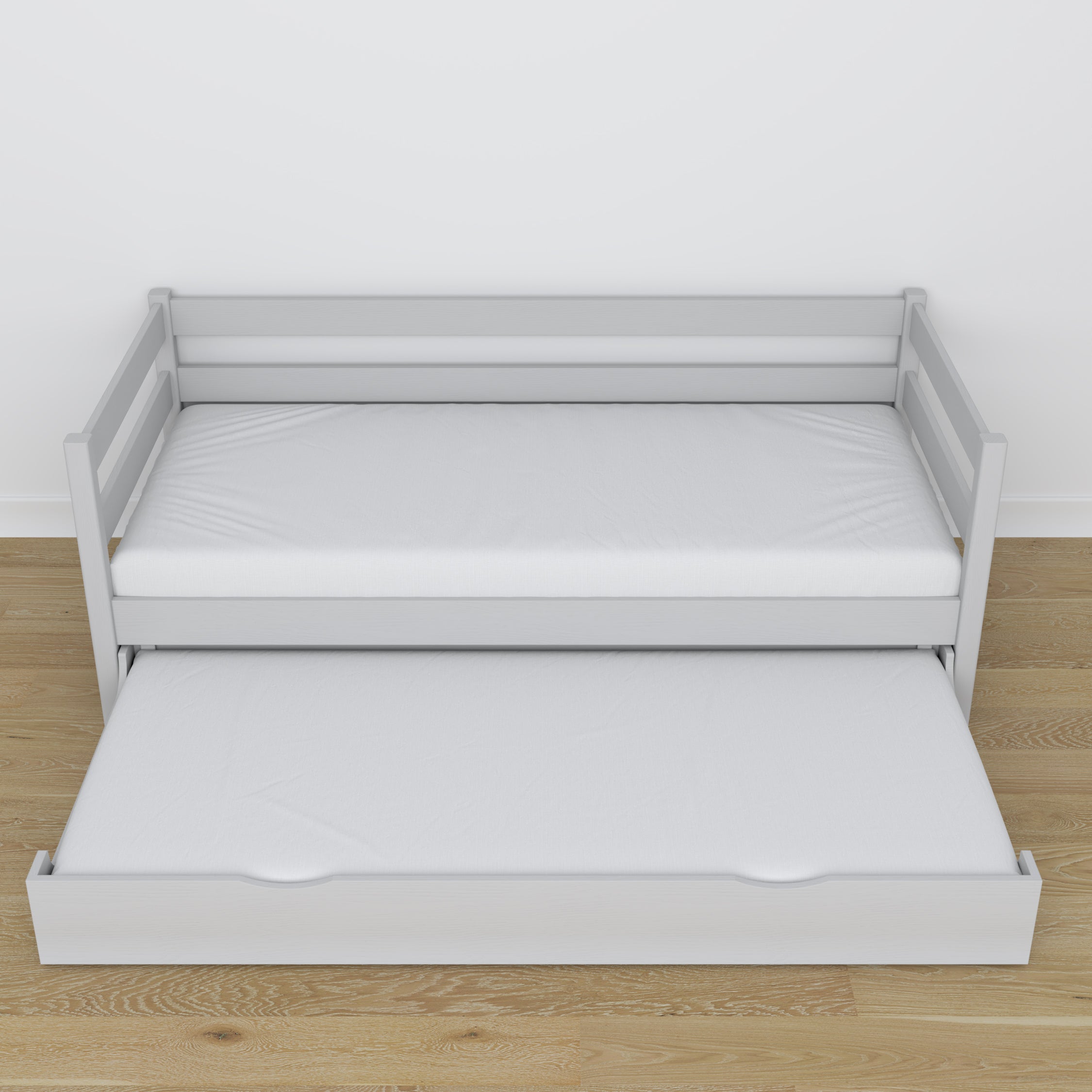 Grey sofa bed with mattress drawer made of wood – dimensions, Nizio