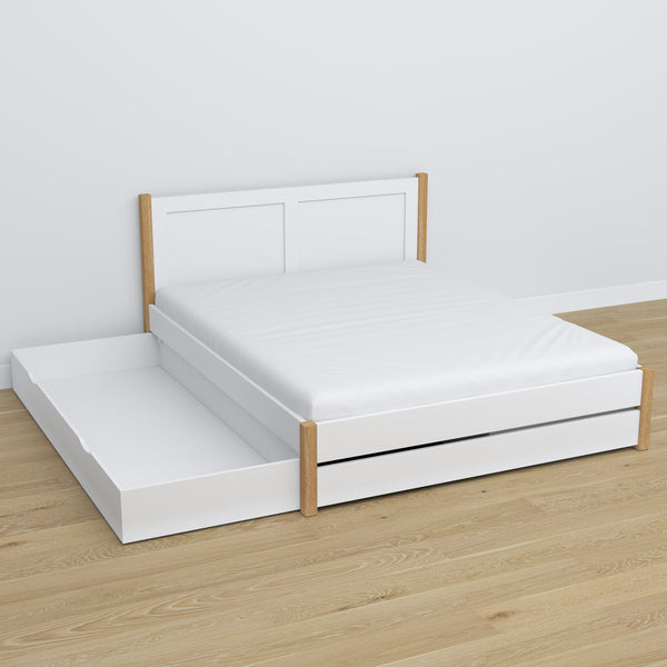 Double bed with wooden drawer white with oak – open drawer, spacious interior