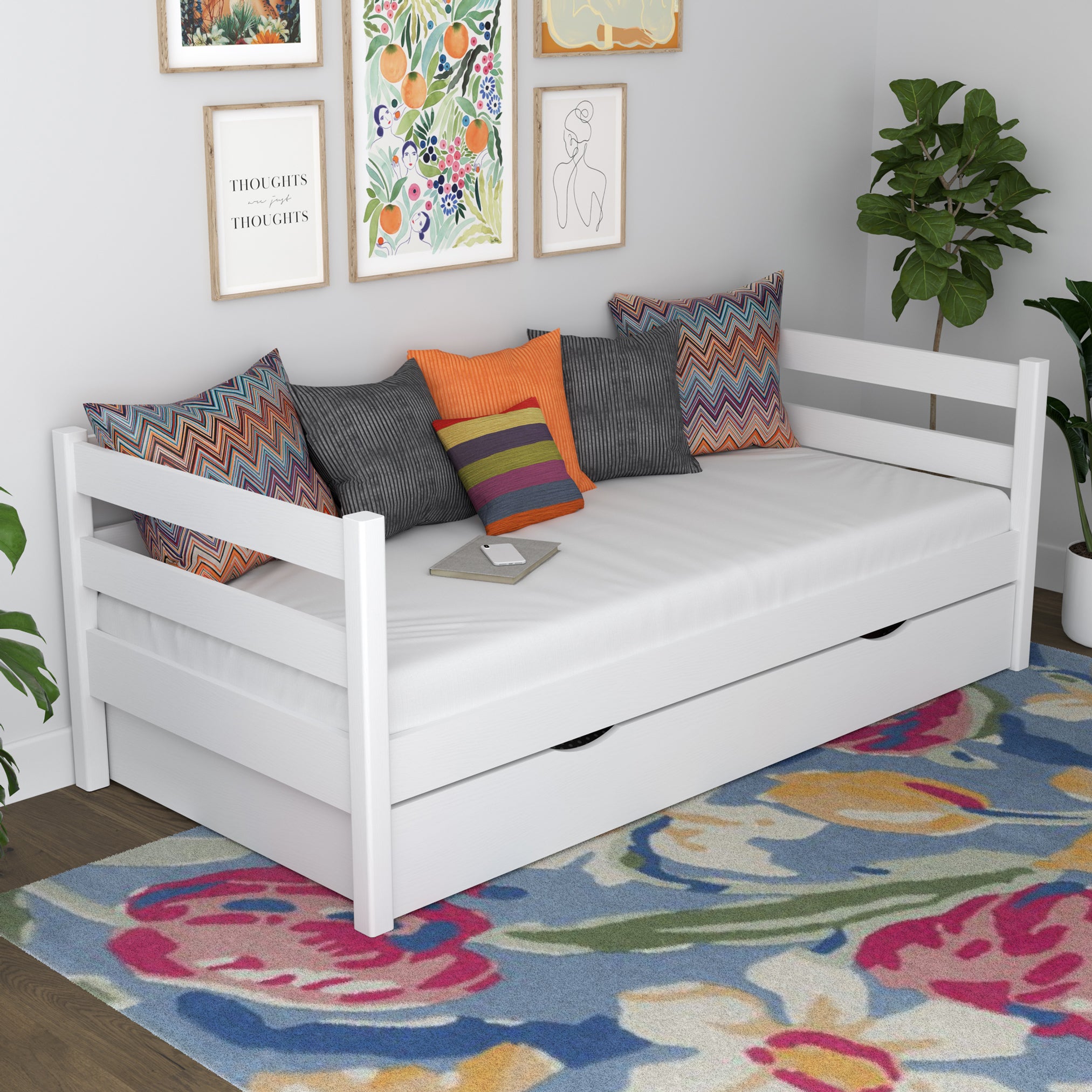 Sofa bed wooden white – open drawer, bedding storage