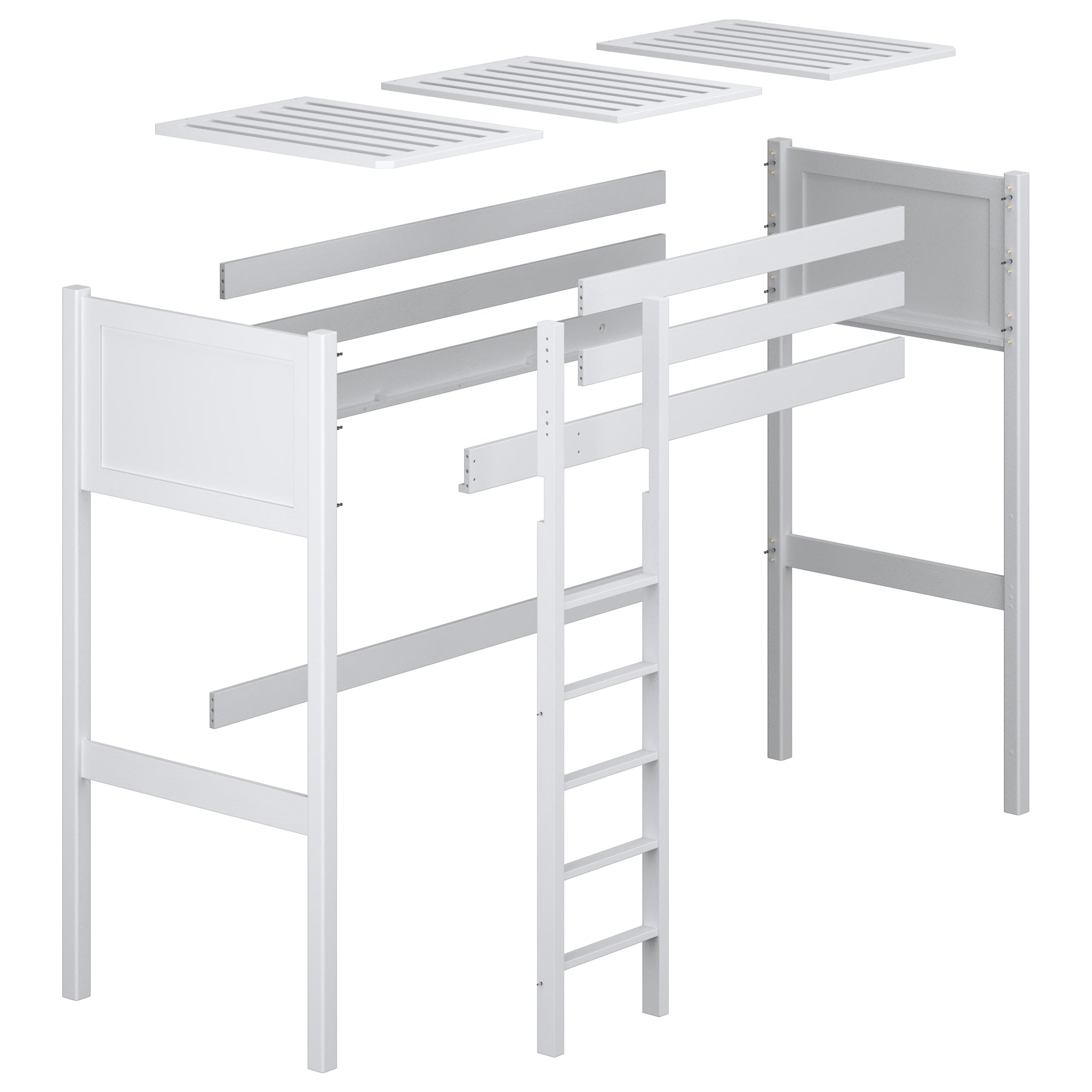 Loft bed white – wooden posts and joints, close-up on quality