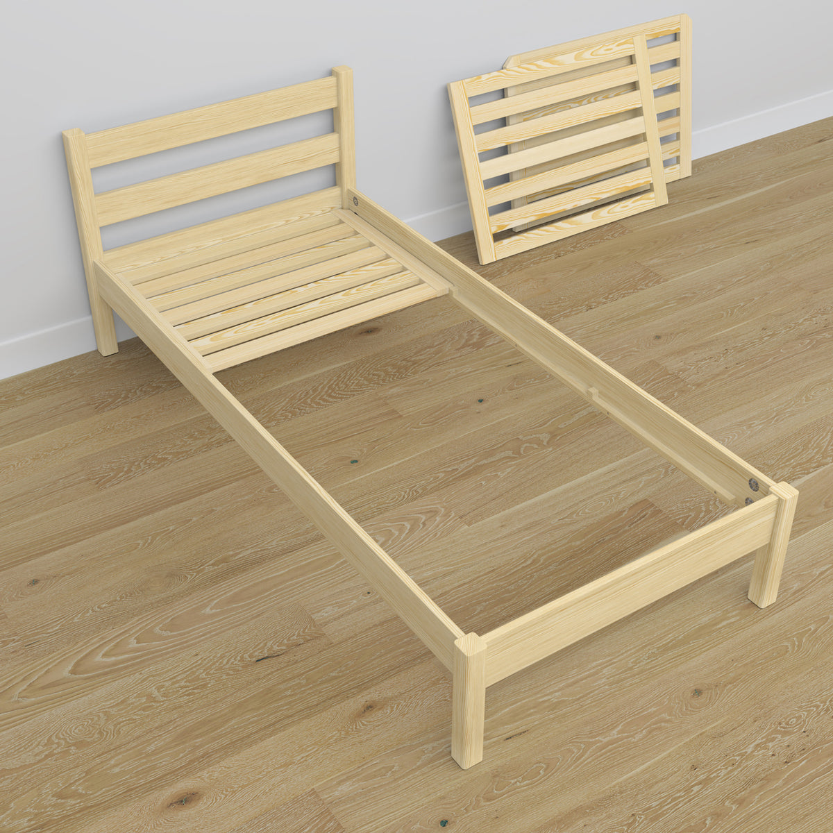 Clear pine bed with drawer made of wood – angled view
