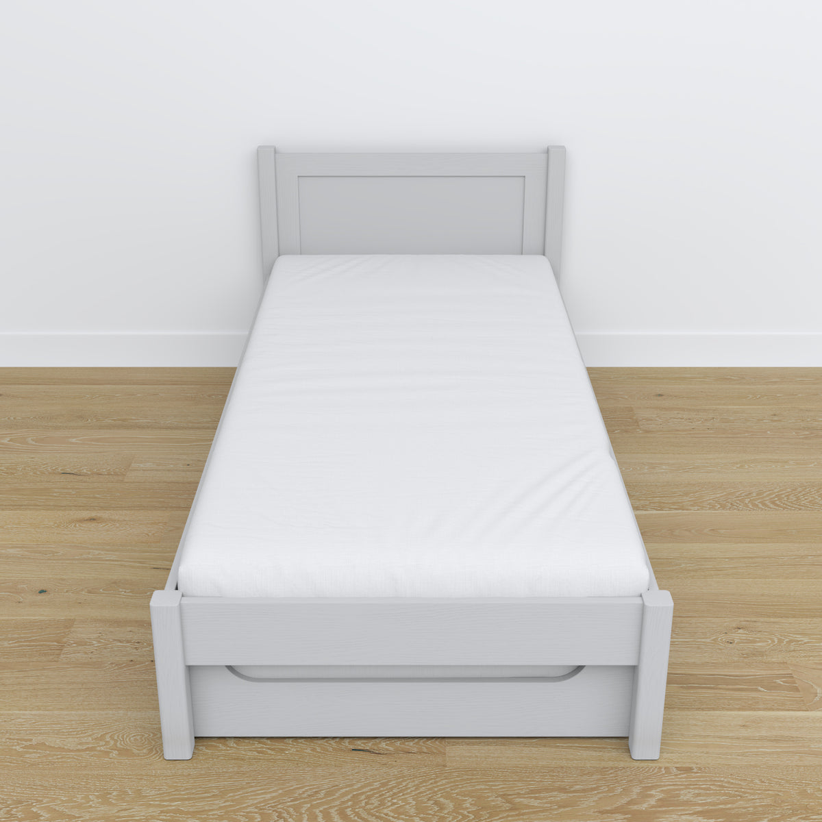 Bed grey – mattress drawer, wooden details, Nizio Home