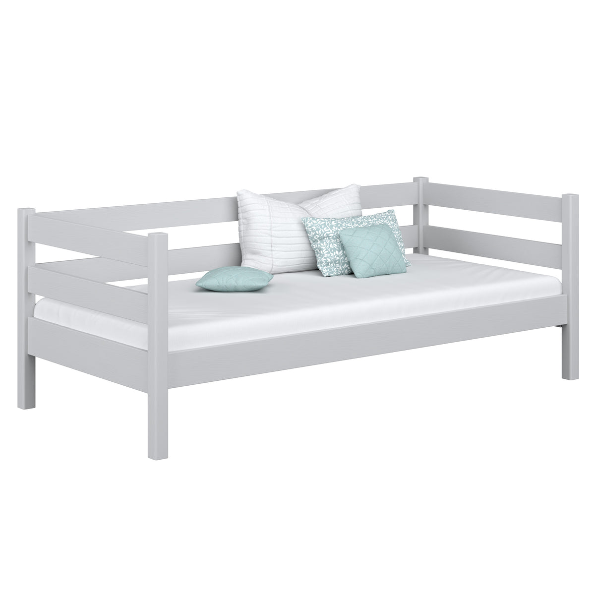 Grey sofa bed – wooden side barrier, child safety