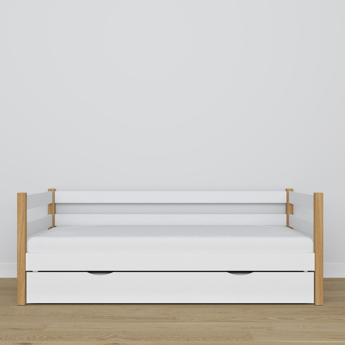 White-oak sofa bed with mattress drawer made of wood – dimensions, Nizio