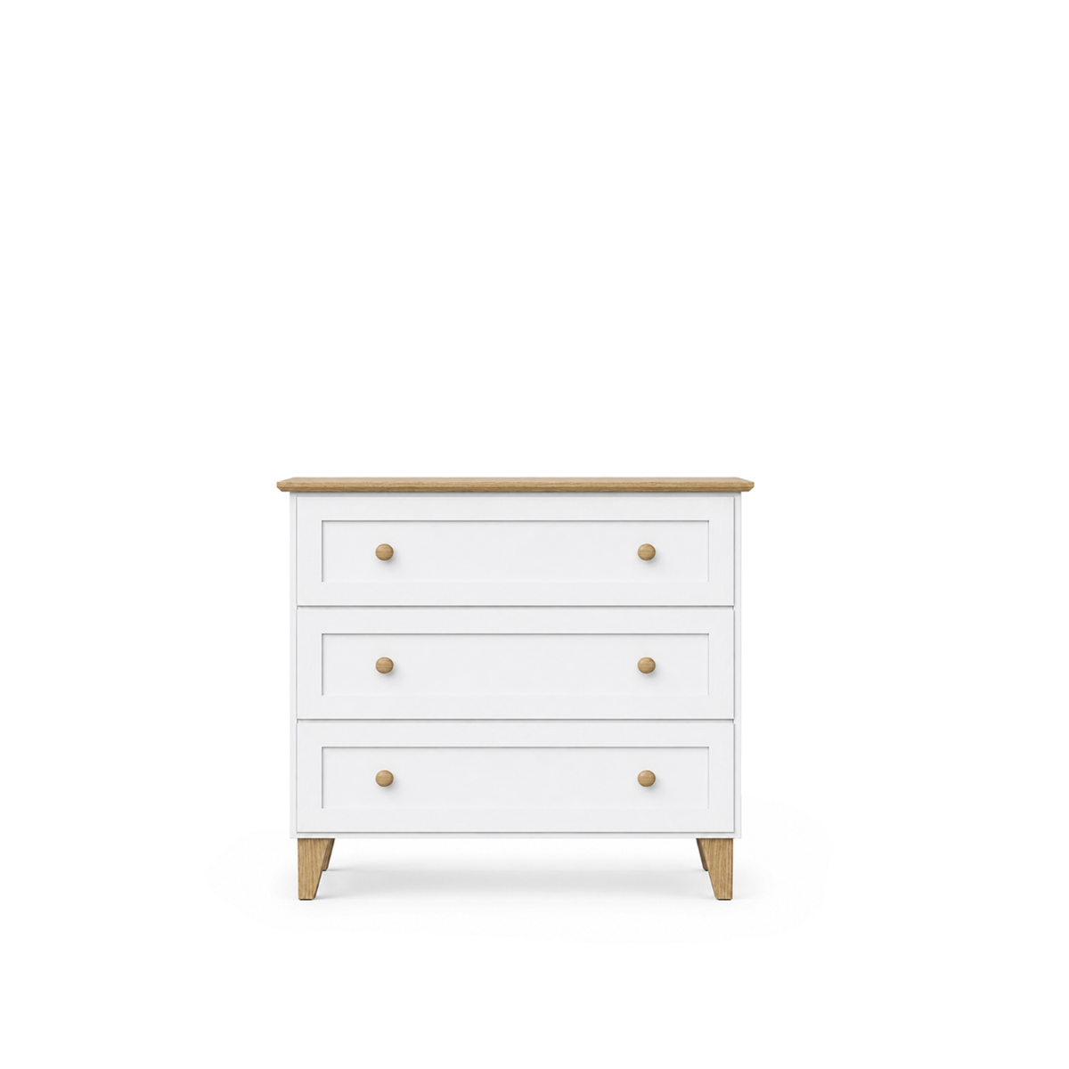 Komoda se 3 dřevěnými zásuvkami, bílá a dub, 105 cm - ložnice, skandinávský styl
