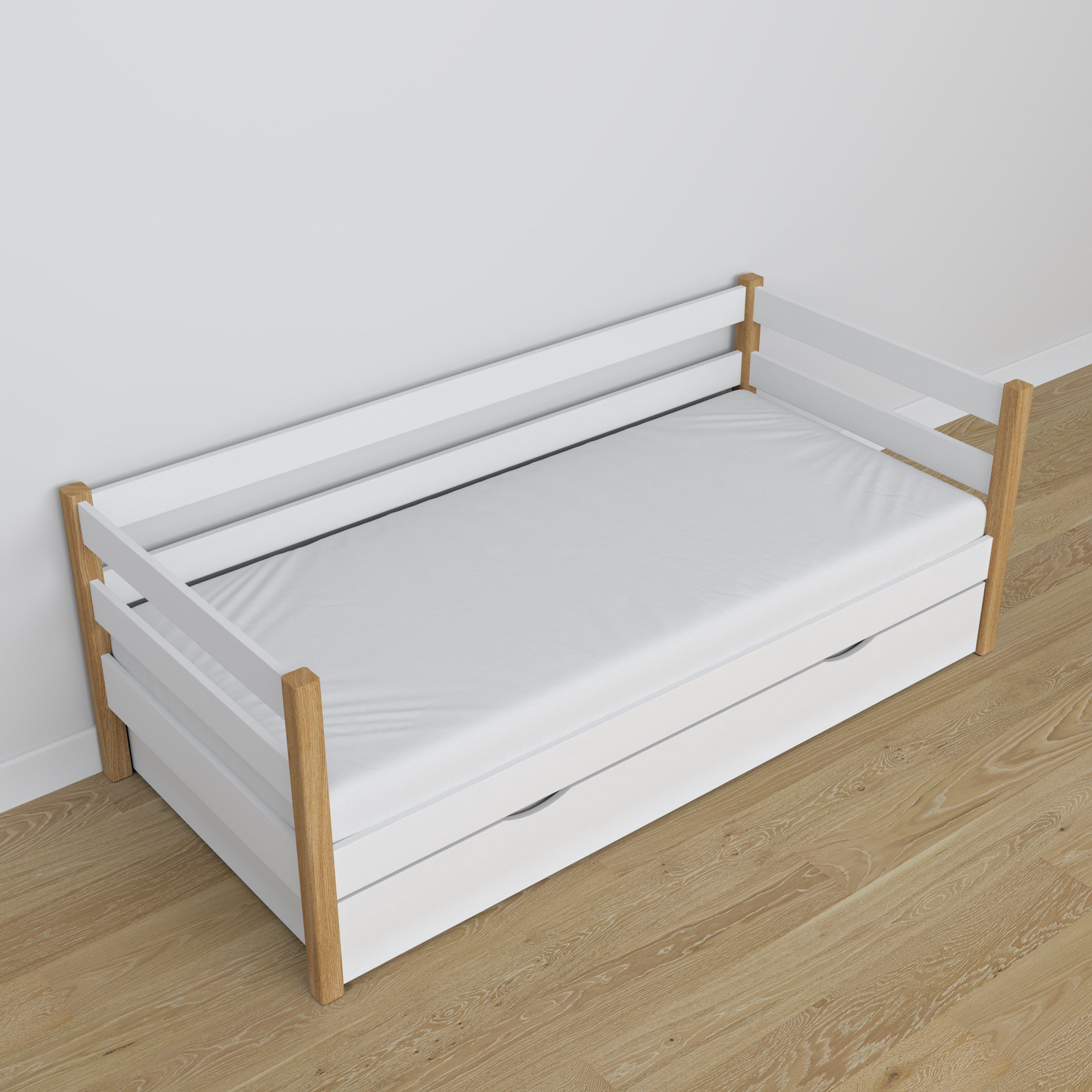 Wooden sofa bed with drawer white-oak – scandi child’s room arrangement