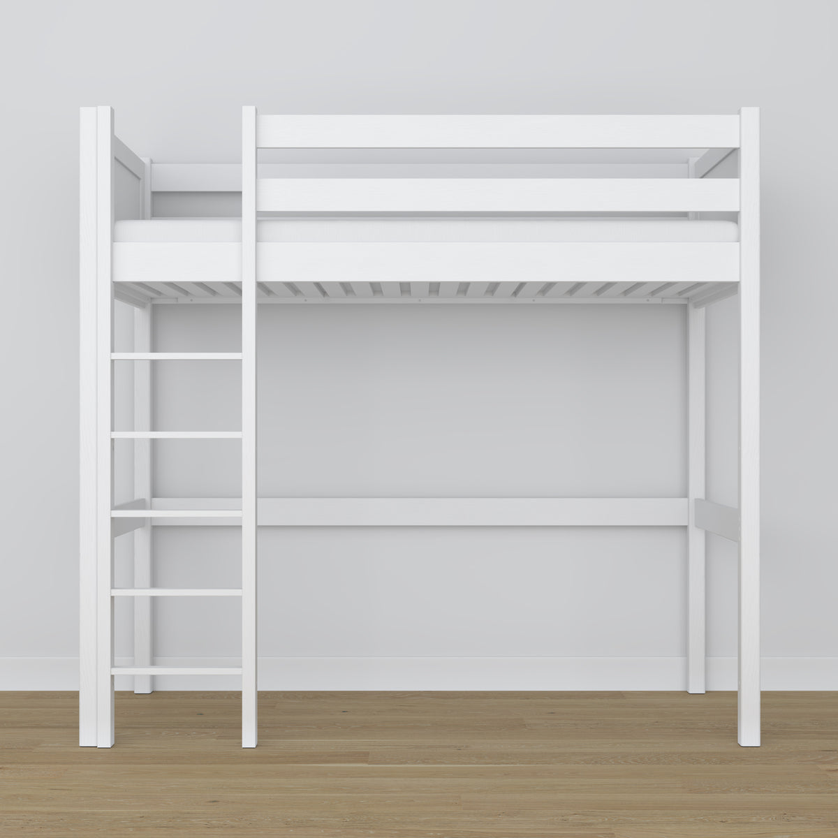 White Wooden Loft Bed – Slatted Frame, Side View