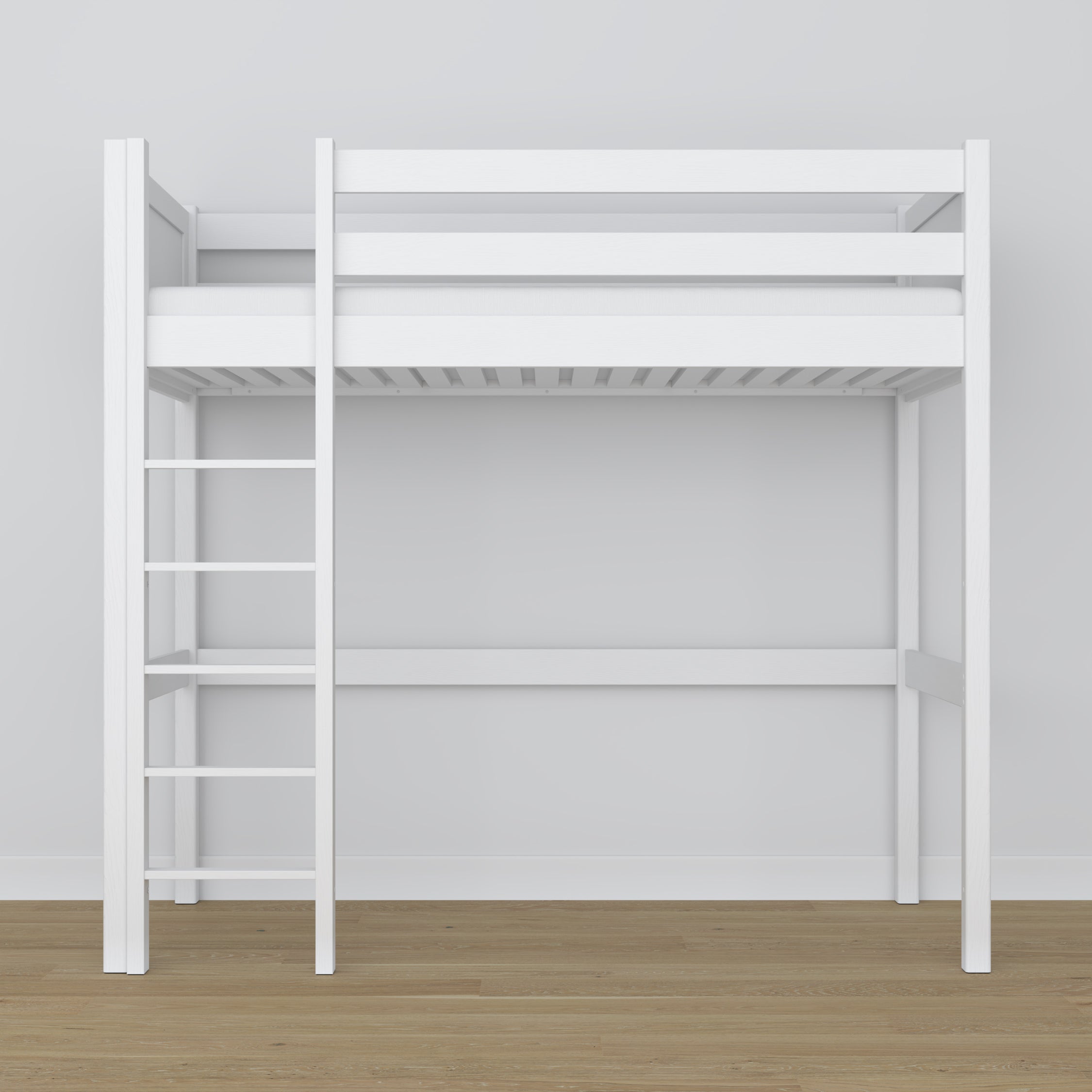 White Wooden Loft Bed – Slatted Frame, Side View