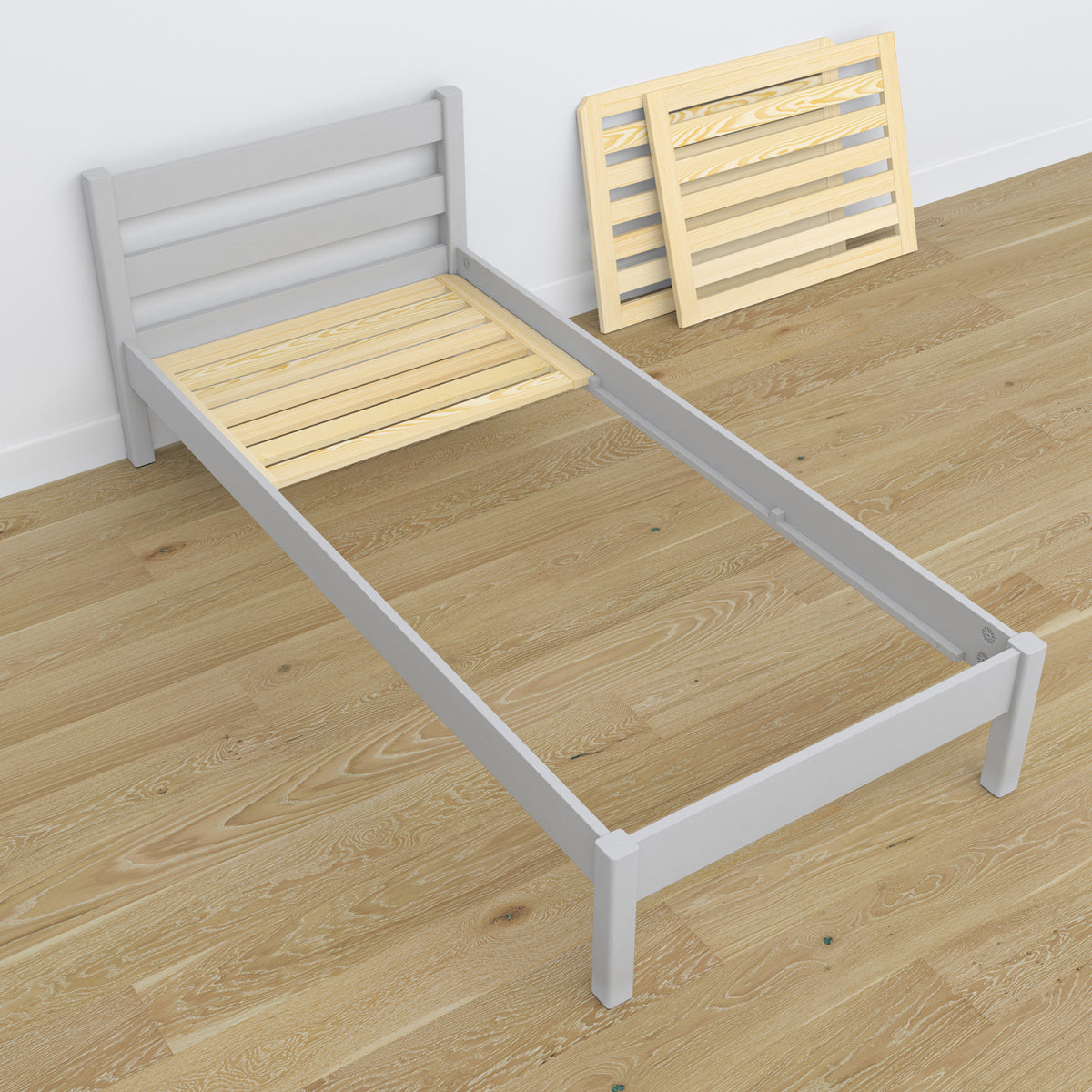 Bed with mattress drawer grey made of wood – dimensions, Nizio
