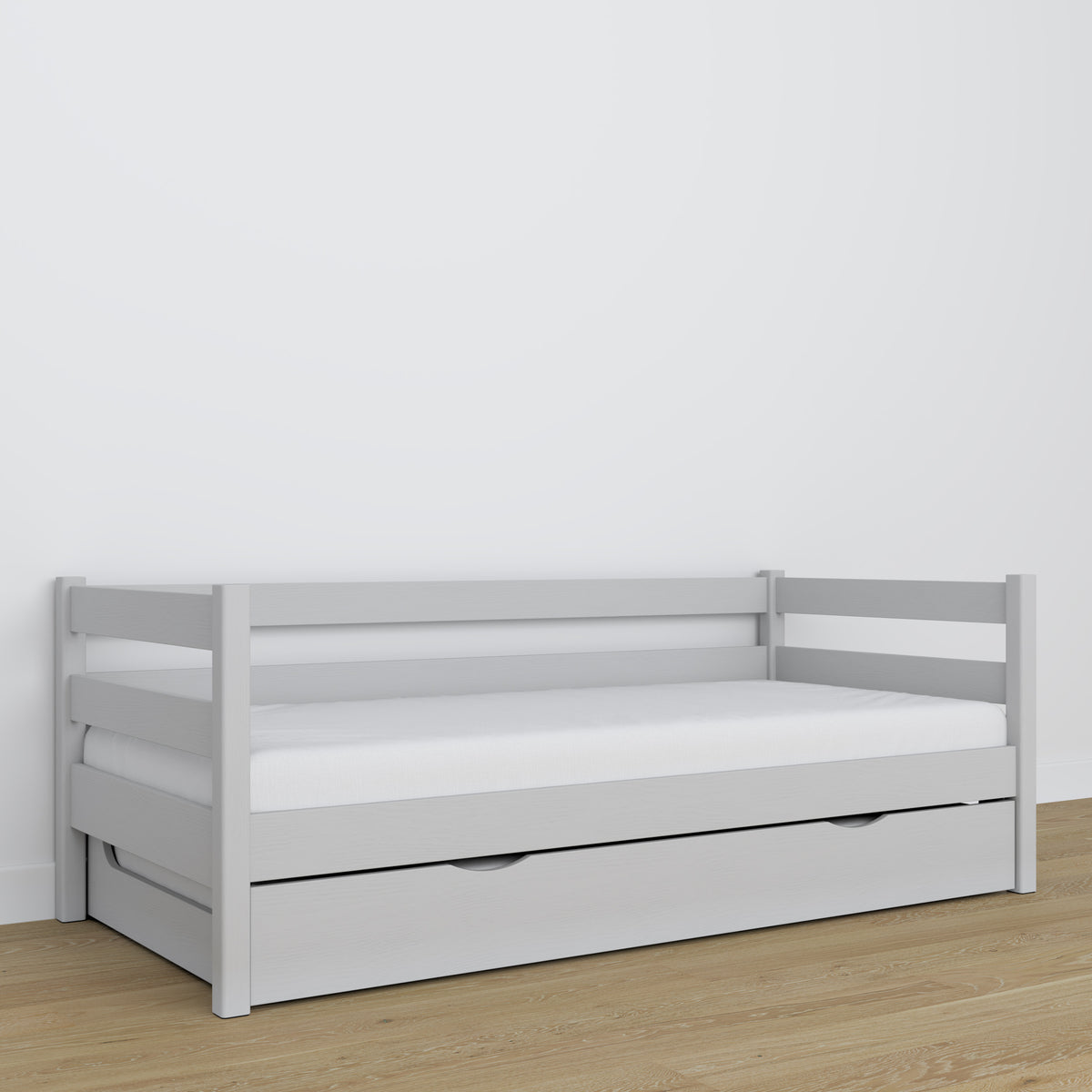 Grey sofa bed – wooden details, high quality Nizio