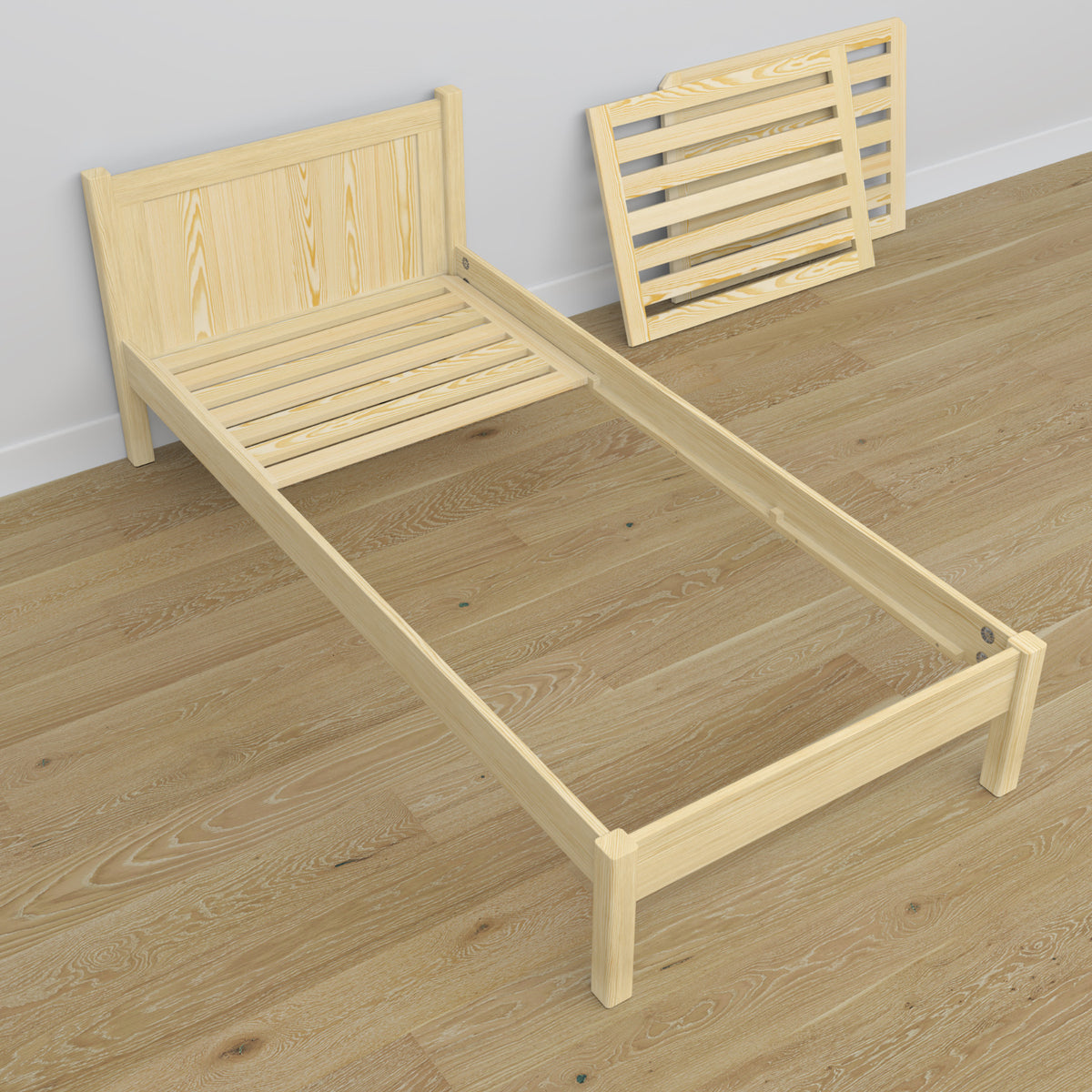 Wooden bed with drawer clear pine – headboard, close-up of wood quality