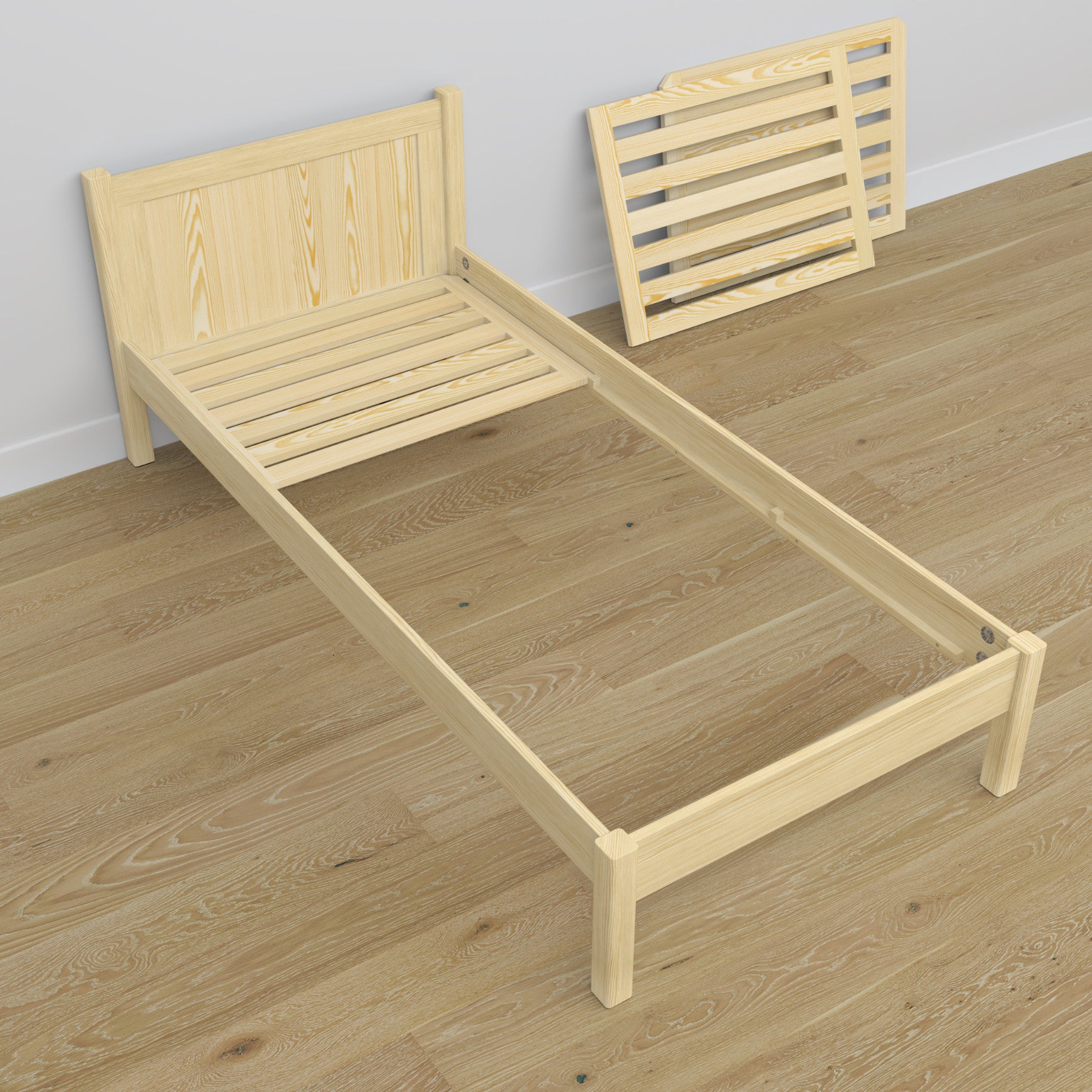 Wooden bed with drawer clear pine – headboard, close-up of wood quality