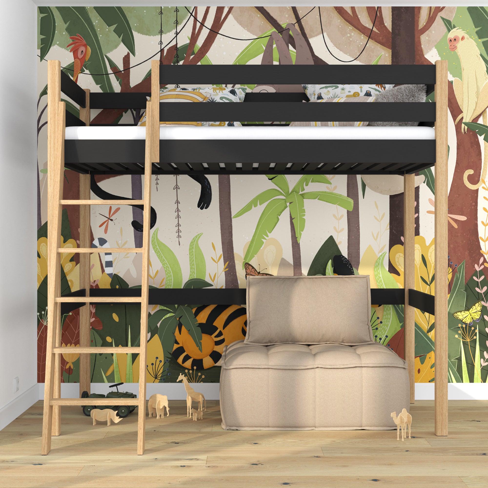 Černá a dubová mezipostel - dřevěný žebřík a zábradlí, Nizio Home