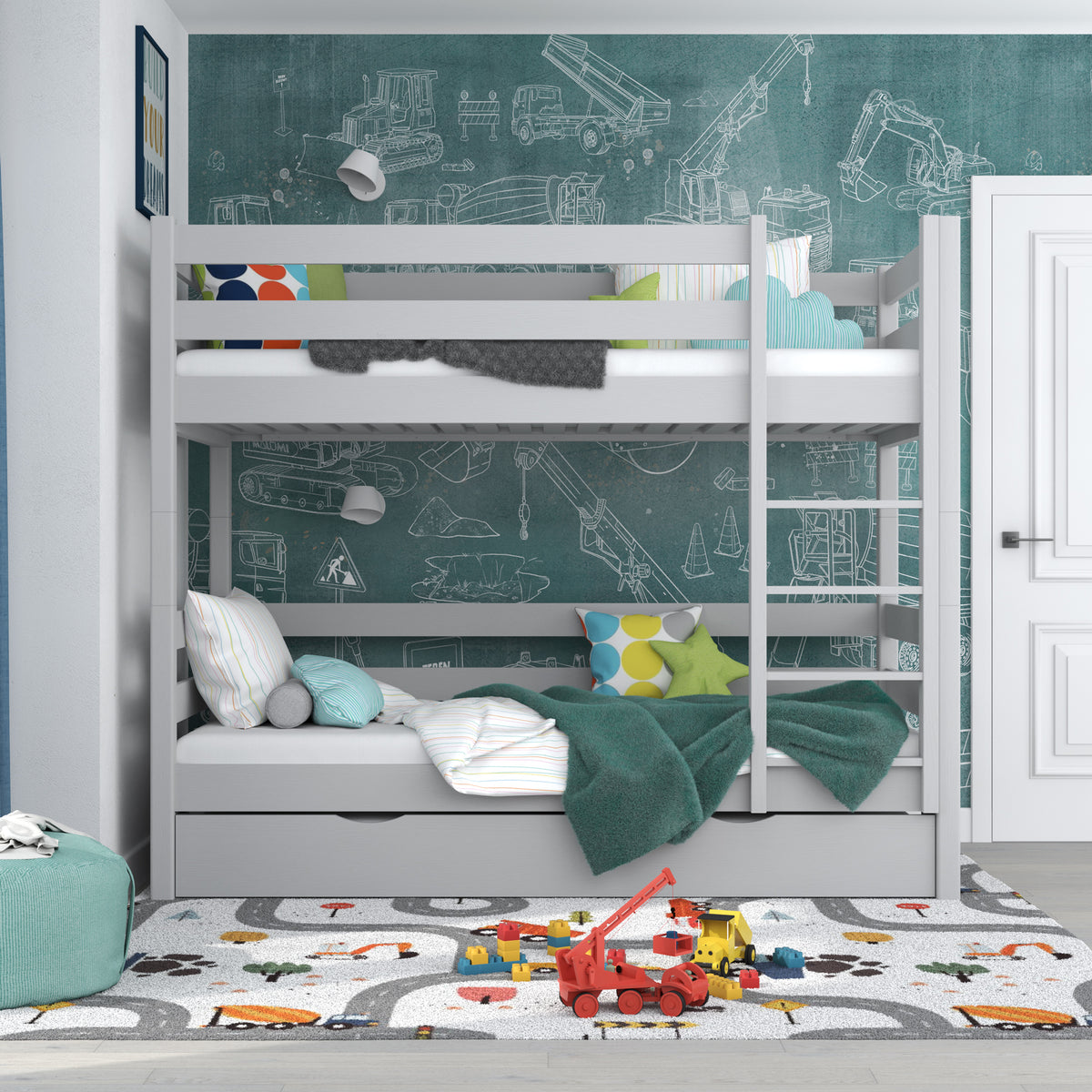 Šedá patrová postel se zásuvkou na matraci - zábradlí, dřevěná, Nizio Home