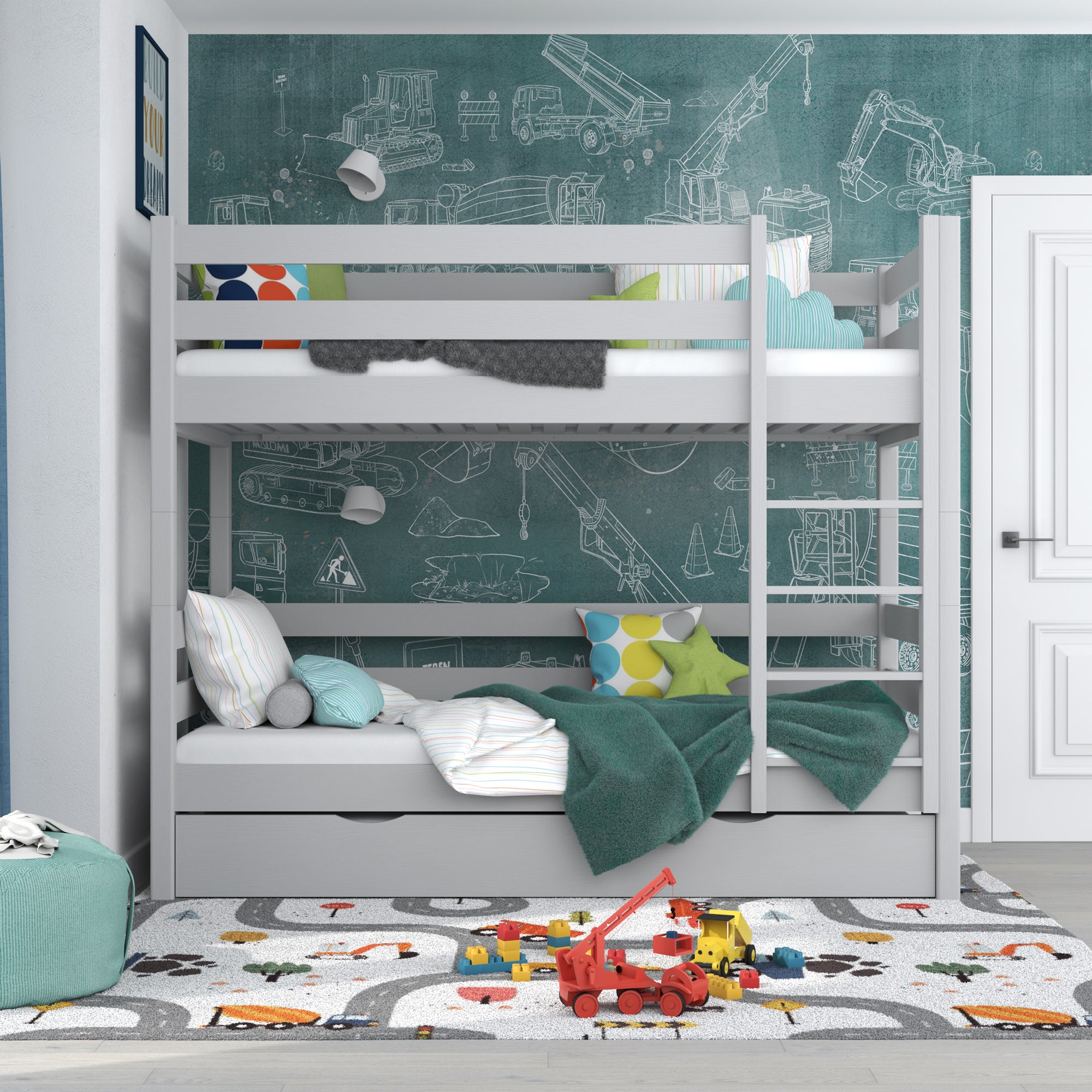 Šedá patrová postel se zásuvkou na matraci - zábradlí, dřevěná, Nizio Home