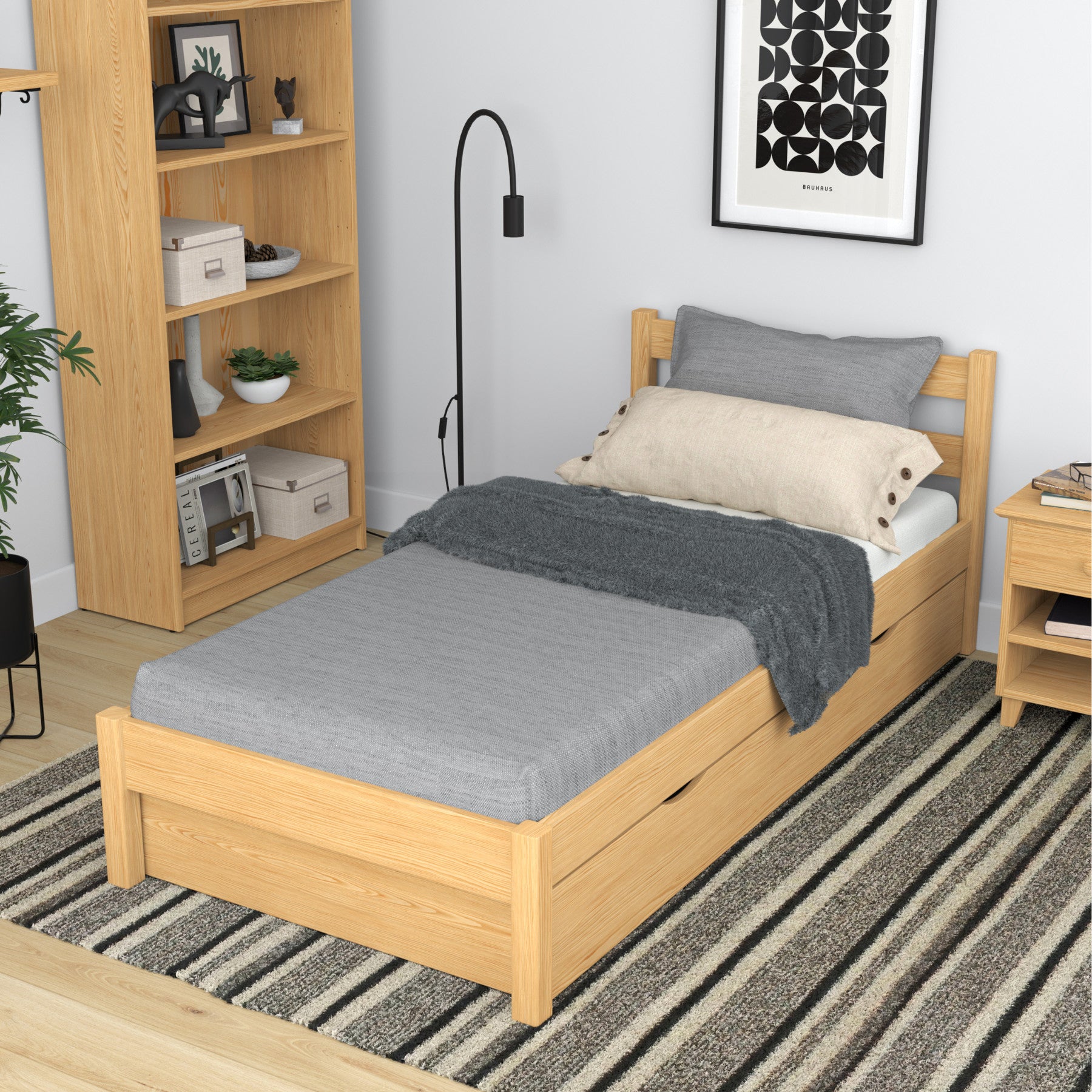 Wooden bed with drawer natural pine – open drawer, storage interior