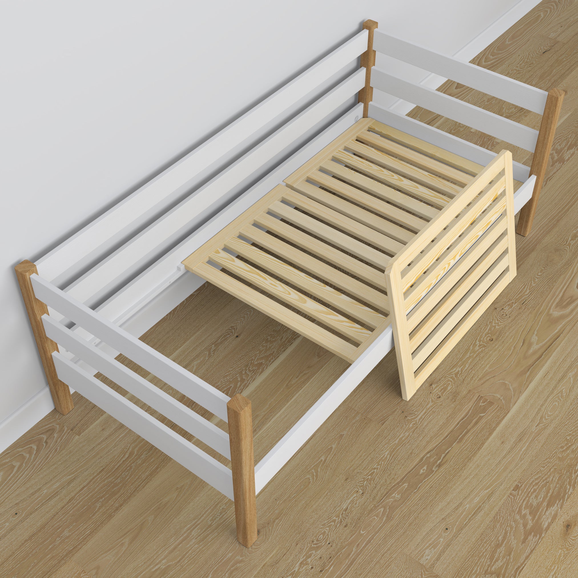 Sofa bed wooden white-oak – angled view, scandi