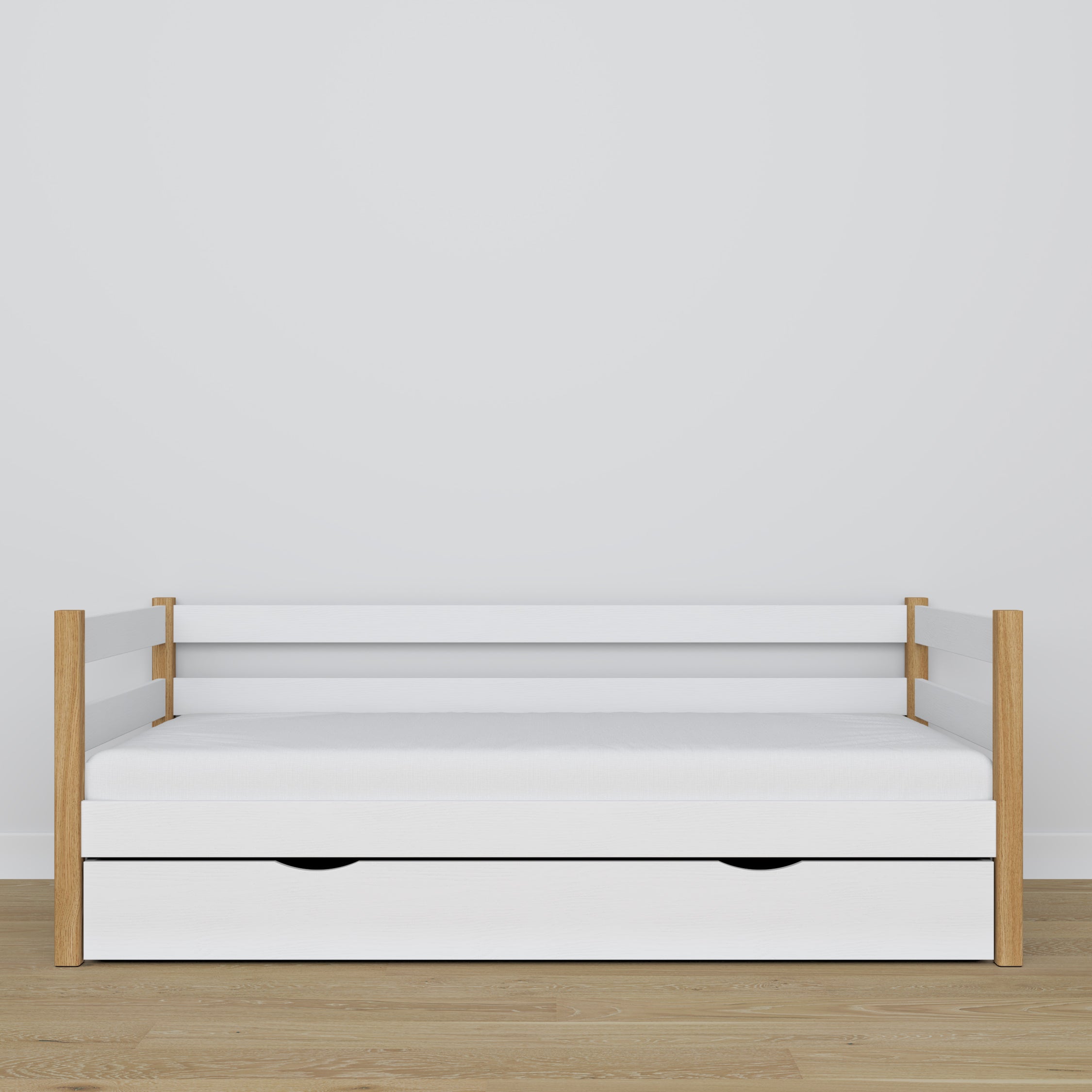White-oak sofa bed with drawer made of wood – dimensions and diagram, Nizio