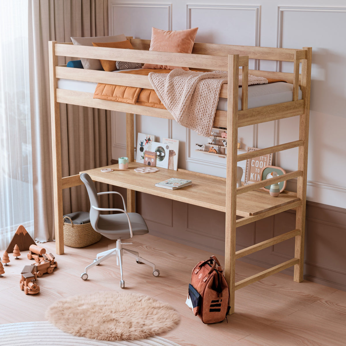 Oak loft bed with desk N01 oak natural