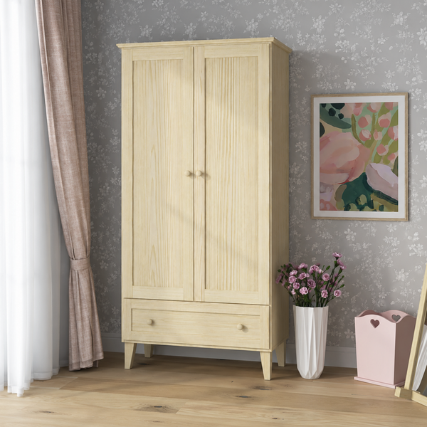 Borovicová šatní skříň 2D1S Scandi, bezbarvá borovice